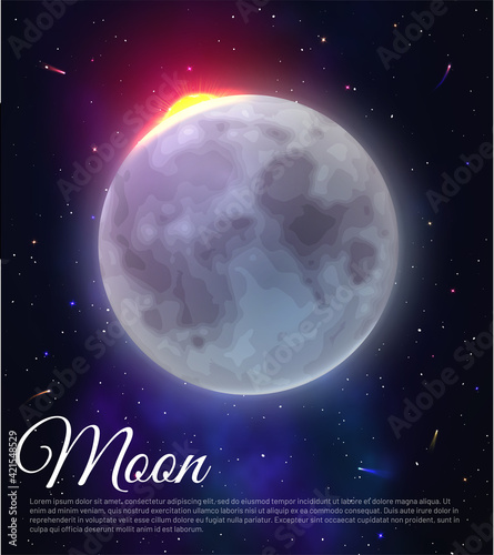 Full moon on dark starry night sky background. Space background with moonlight and place for text. Moon banner, poster, card realistic vector illustration