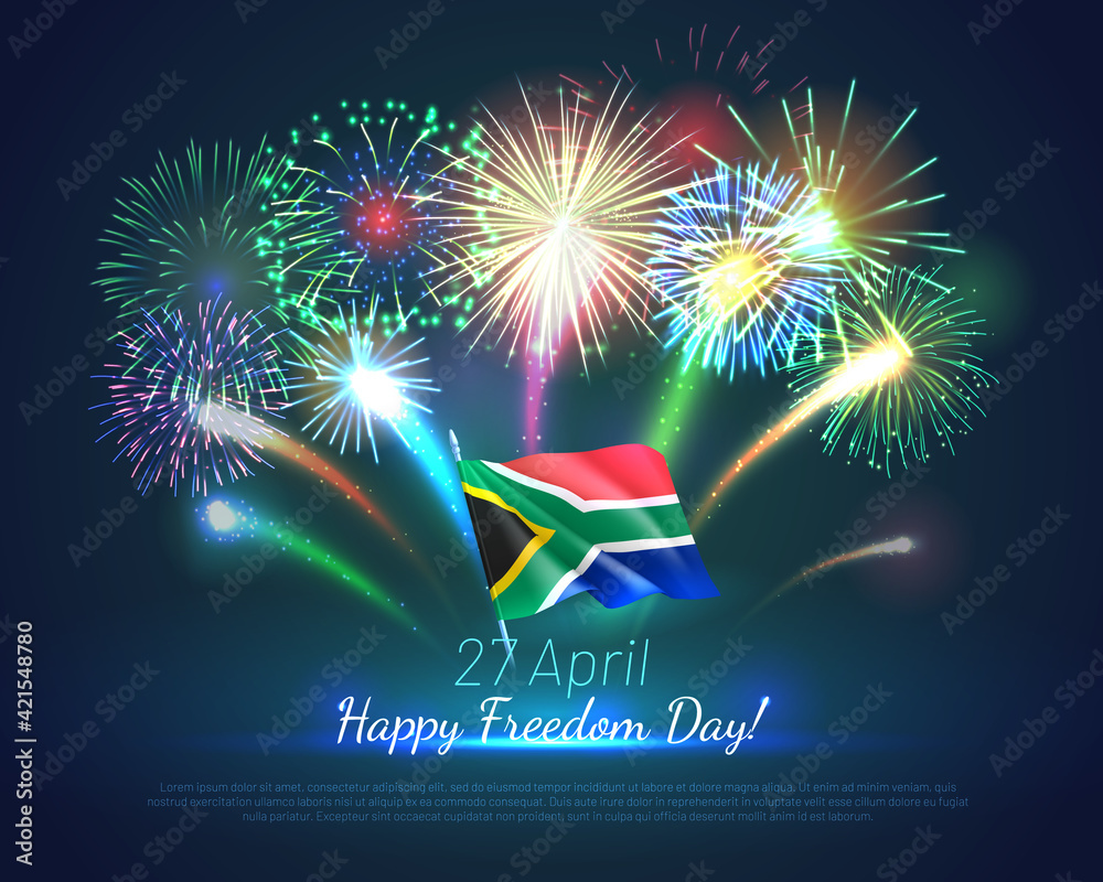 27 April Happy Freedom Day banner template. South Africa Independence Day  festive backdrop, poster, greeting or invitation card with fireworks  realistic vector illustration Stock Vector | Adobe Stock