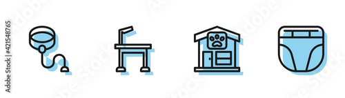 Set line Pet grooming, Retractable cord leash, and Diaper for dog icon. Vector
