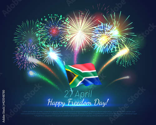 27 April Happy Freedom Day banner template. South Africa Independence Day festive backdrop, poster, greeting or invitation card with fireworks realistic vector illustration