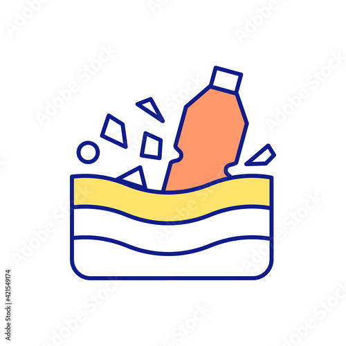 Microplastic formation in water RGB color icon. Top environmental challenges. Water pollution with nanoplastick. Plastic debres. Environmental responsibility. Isolated vector illustration