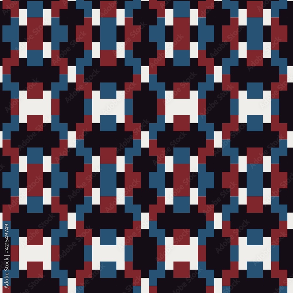 Seamless abstract geometric pattern in flat red blue black white. High quality illustration. Abstract design of red and blue overlaid to form a modern attractive abstract seamless surface design.