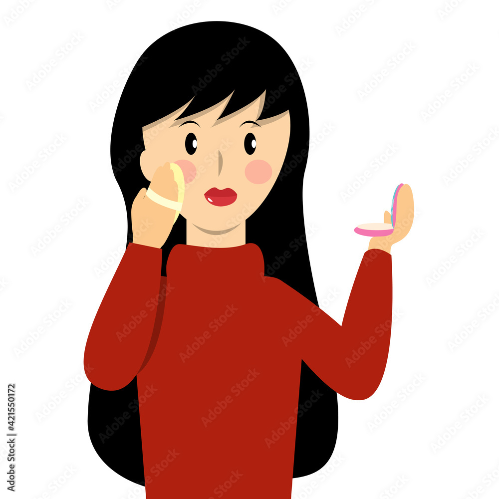 Young Woman Applying Make Up Powder on her face. Beautiful girl looking mirror and doing makeup cartoon vector