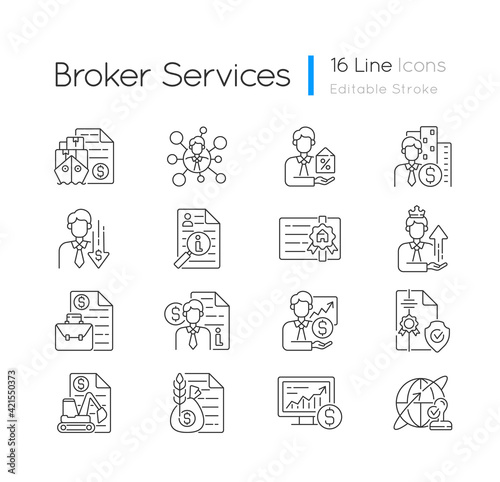 Broker service linear icons set. Online stock trading. Intellectual property. Sponsorship broker. Customizable thin line contour symbols. Isolated vector outline illustrations. Editable stroke
