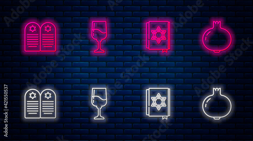 Set line Jewish goblet, torah book, Tombstone with star of david and Pomegranate. Glowing neon icon on brick wall. Vector
