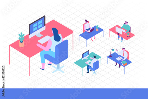 Isometric cartoon office people working computer. Office life. Freelance.  Man and woman isolated on white background