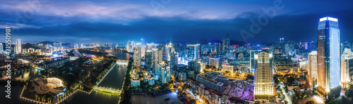 Aerial photography of the modern city landscape night view of Xiamen, China