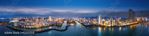 Aerial photography of the modern city landscape night view of Xiamen, China