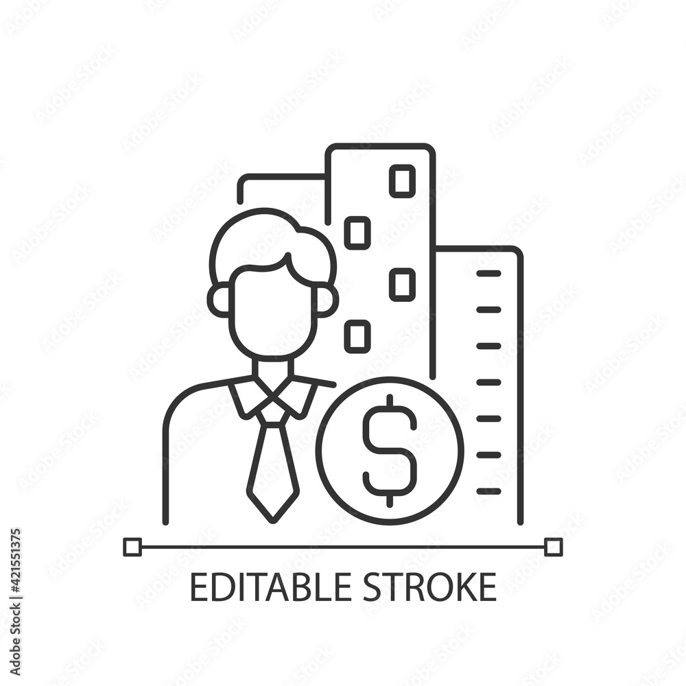 Office broker linear icon. Rent building. Financial deal with business. Corporate financial. Thin line customizable illustration. Contour symbol. Vector isolated outline drawing. Editable stroke Office broker linear icon. Rent building. Financial deal with business. Corporate financial. Thin line customizable illustration. Contour symbol. Vector isolated outline drawing. Editable stroke