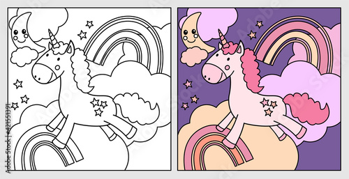 Cute cartoon unicorn with rainbow. Black and white vector illustration for coloring book