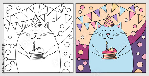 Cute cartoon cat with birthday cake. Black and white vector illustration for ...