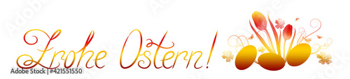 Happy Easter lettering text and flowers isolated on white background.