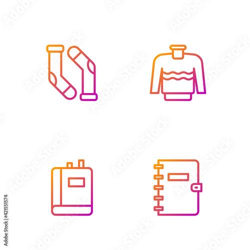Set line Spiral notebook, Book, Socks and Sweater. Gradient color icons. Vector