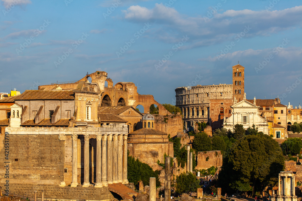 View of Colosseum and old city in Roman Forum, Rome