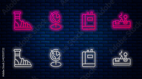 Set line Earth globe, Book, Slippers with socks and Gamepad. Glowing neon icon on brick wall. Vector