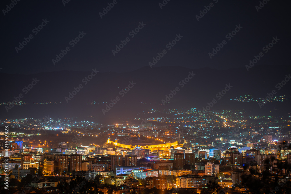 Elevated view of Skopje cityscape at night