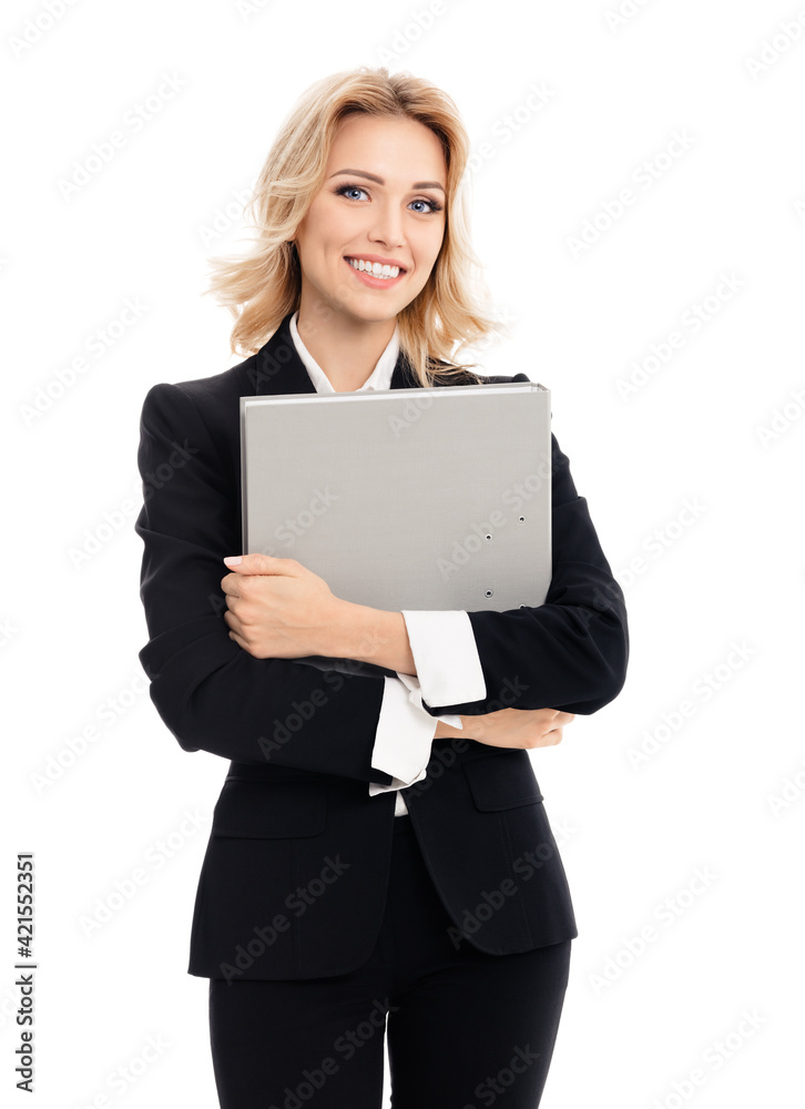 Young happy smiling businesswoman with grey folder, isolated against white background. Portrait of confident business woman at studio.