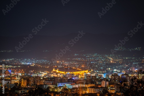 Elevated view of Skopje cityscape at night