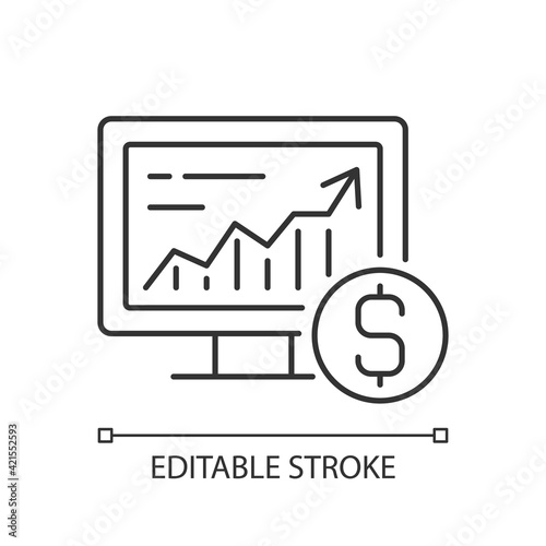 Online stock trading linear icon. Computer monitor with increasing chart. Commercial success. Thin line customizable illustration. Contour symbol. Vector isolated outline drawing. Editable stroke