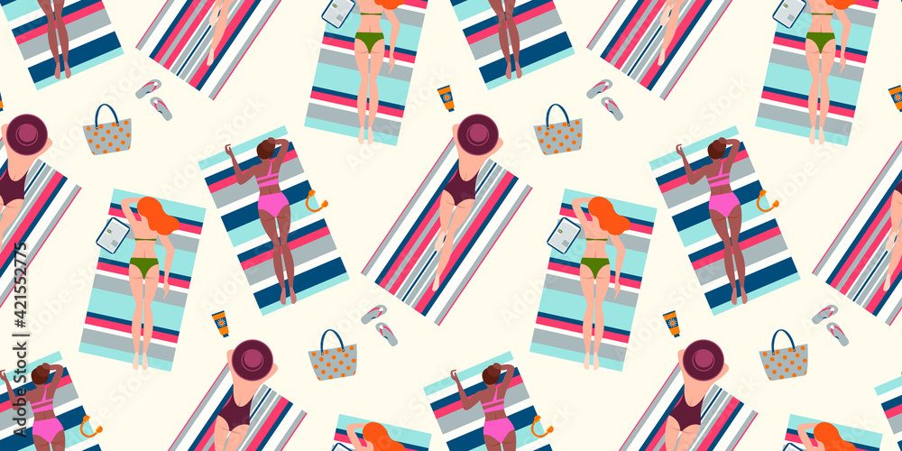 Summer vacation seaside background seamless pattern. Hand drawn, relaxed beautiful people on the beach. Sexy girls lying on sand, top view vector