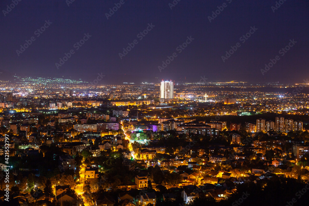 Aerial view of Skopje cityscape at night