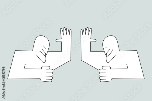 Two stylized men with a raised hand. Vector illustration