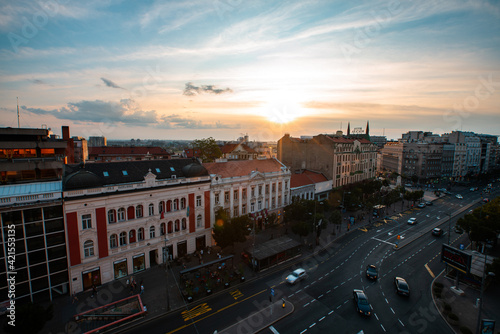 Elevated view of traffic on street in Belgrade city during sunrise