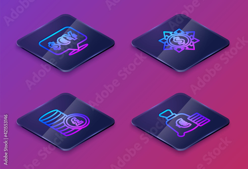 Set Isometric line Currency exchange, Coin money with pound, Dollar, share, network and euro symbol. Blue square button. Vector