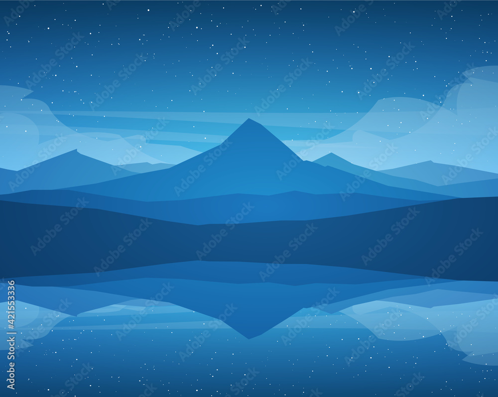 Night Mountains Lake landscape, stars and reflection.
