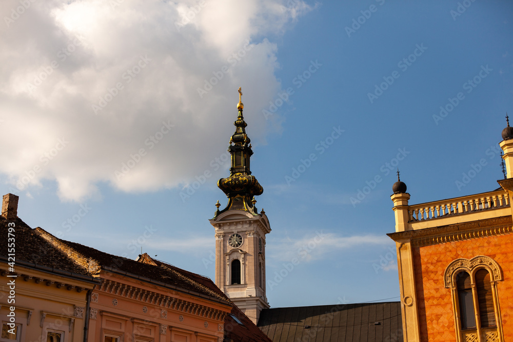 Fototapeta premium Exterior of clock tower of Saint George's Cathedral, Novi Sad city