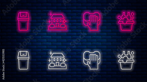 Set line Home cleaning service, Cleaning, Trash can and Basin with soap suds. Glowing neon icon on brick wall. Vector
