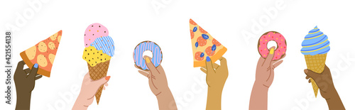 Hands holding fast junk food. Ice cream, slices of pizza, donuts. International No Diet Day. Unhealthy lifestyle habits and obesity and bad health concept. Hand-drawn style vector Illustration.