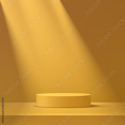 Abstract yellow mustard cylinder pedestal podium, Yellow empty room, Shadow of window. Vector rendering 3d shape, Product display presentation. Studio room concept, Minimal wall scene.