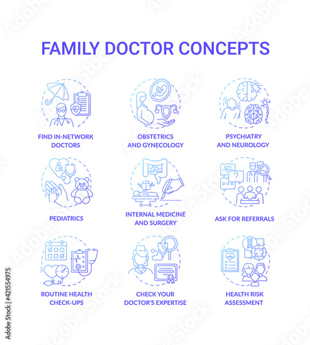 Family doctor blue gradient concept icons set. Find in-network physician. Ask for referrals. Professional medical service idea thin line RGB color illustrations. Vector isolated outline drawings