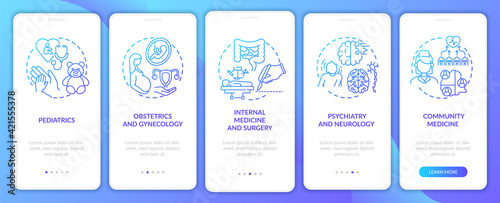 Family medicine components navy onboarding mobile app page screen with concepts. Healthcare walkthrough 5 steps graphic instructions. UI, UX, GUI vector template with linear color illustration