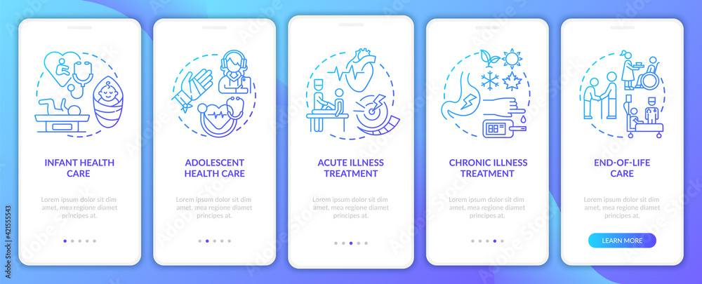 Family doctor support navy onboarding mobile app page screen with concepts. Medicine walkthrough 5 steps graphic instructions. UI, UX, GUI vector template with linear color illustrations