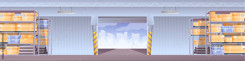 Warehouse interior design background. Storage hangar horizontal panorama with boxes and pallets on shelves in rows and entrance door vector illustration. Goods in stockroom in packages