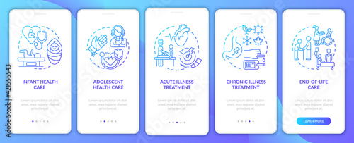 Family doctor support navy onboarding mobile app page screen with concepts. Medicine walkthrough 5 steps graphic instructions. UI, UX, GUI vector template with linear color illustrations