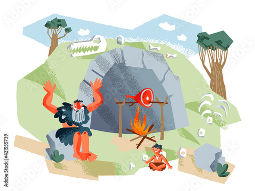 Cavemen preparing food on fire in Stone Age. Prehistoric ancient history vector illustration. Old man with small child near meat on stick. Savage people outdoor in summer