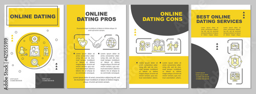 Online dating brochure template. Online dating cons. Flyer, booklet, leaflet print, cover design with linear icons. Vector layouts for presentation, annual reports, advertisement pages