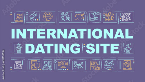 International dating site word concepts banner. Meeting new love on website. Infographics with linear icons on purple background. Isolated typography. Vector outline RGB color illustration