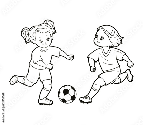 Coloring book: teenage girls playing soccer kicking soccer ball.Vector illustration in cartoon style, isolated black and white line art.