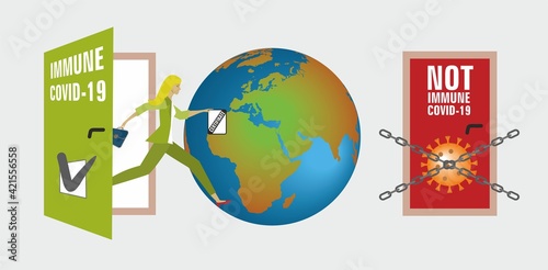 Vaccine passport. Door open to the world for people with proven certificate immunization Corona virus. Vector illustration.