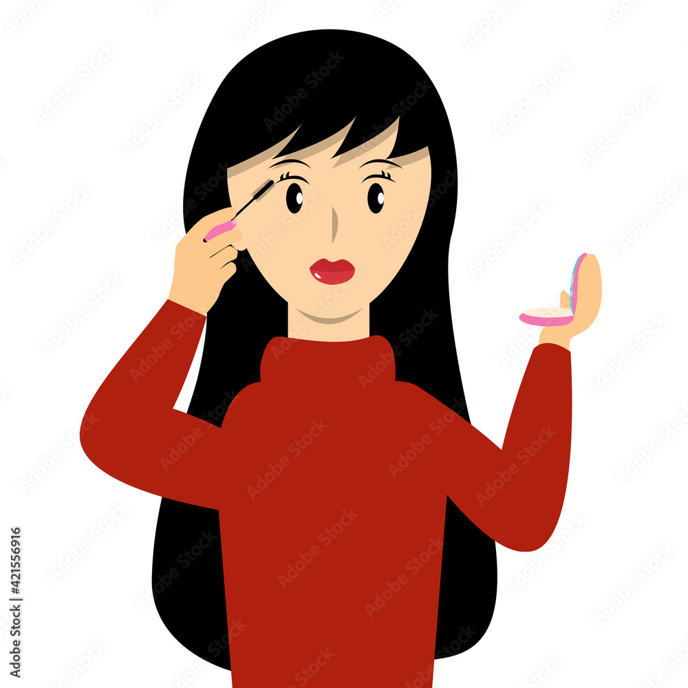 Woman applying mascara on her eyelashes cartoon vector. Beautiful girl looking at mirror and make up at the same time. Woman applying mascara on her eyelashes cartoon vector. Beautiful girl looking at mirror and make up at the same time.