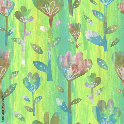Blue and pink floral seamless pattern on green background. Hand-painted cute spring flowers.