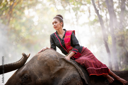 Foto Portrait Of Young Woman Standing By Elephant In Forest