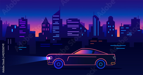 Night cityscape neon lights and sport car vector