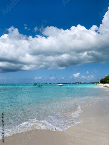 Fototapeta Naklejka Na Ścianę i Meble -  Tropical beach, Caribbean Sea. White Sands on cloudy day. Crystal water