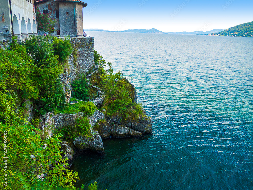 The Hermitage Church  of Saint Catherine of Alexandria  in the cliffs on the shore of Lake Maggiore in Northern Italy