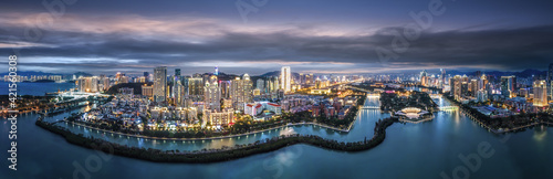 Aerial photography of the modern city landscape night view of Xiamen, China